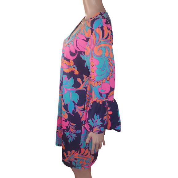 JB Julie Brown Size L Colorful Floral Paisley Shift Mini Dress Bell Sleeve Boho - Picture 3 of 9